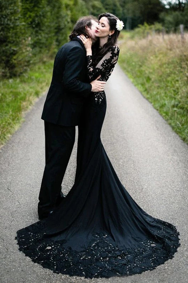 Mermaid Floral Black Wedding Dress Long Sleeve Wedding Gown WD742-Pgmdress