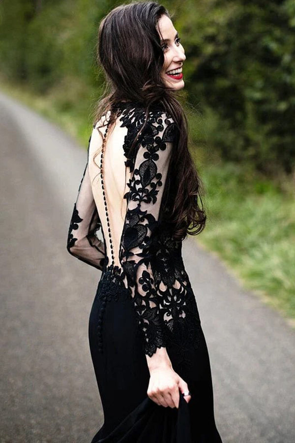 Mermaid Floral Black Wedding Dress Long Sleeve Wedding Gown WD742-Pgmdress