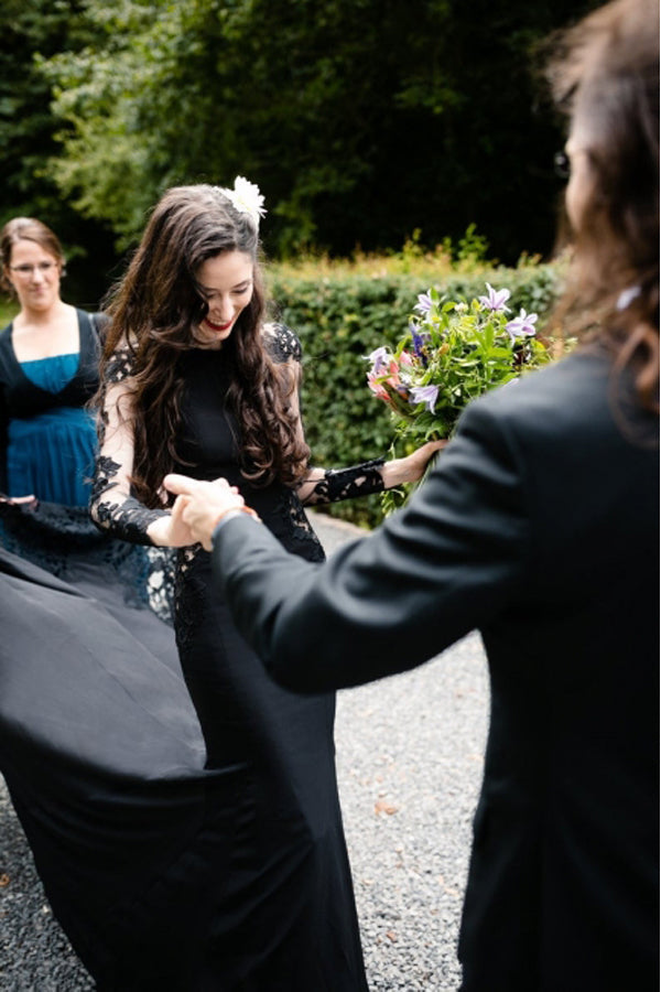 Mermaid Floral Black Wedding Dress Long Sleeve Wedding Gown WD742-Pgmdress