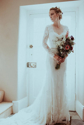 Mermaid Lace V-neck Long Sleeves Wedding Dresses With Sweep Train