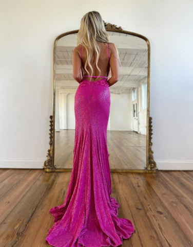 Mermaid V Neck Sequins Prom Dress with Slit