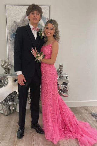 Mermaid Spaghetti Straps Scoop Neck Lace Appliques Prom Dresses