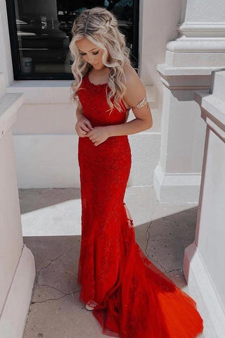 Mermaid Spaghetti Straps Scoop Neck Lace Appliques Prom Dresses