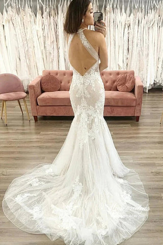 Mermaid Tulle Halter Sleeveless Lace Appliques Wedding Dresses