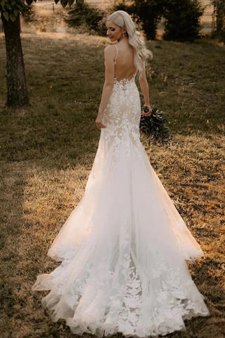 Mermaid Tulle V-neck Wedding Dresses With Appliques, Bridal Gown