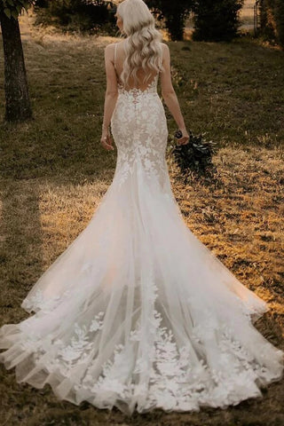 Mermaid Tulle V-neck Wedding Dresses With Appliques, Bridal Gown