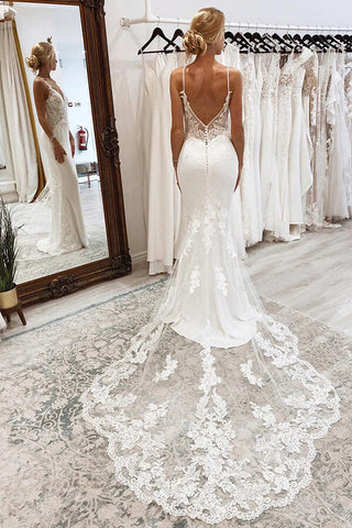 Mermaid V-neck Backless Spaghetti Straps Lace Wedding Dresses