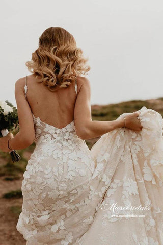 Mermaid V-neck Open Back Lace Appliques Beach Wedding Dresses