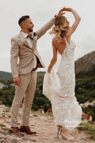 Mermaid V-neck Open Back Lace Appliques Beach Wedding Dresses