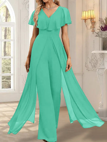 Jumpsuit/Hosenanzug V-Ausschnitt Bodenlanges Chiffon Abendkleid