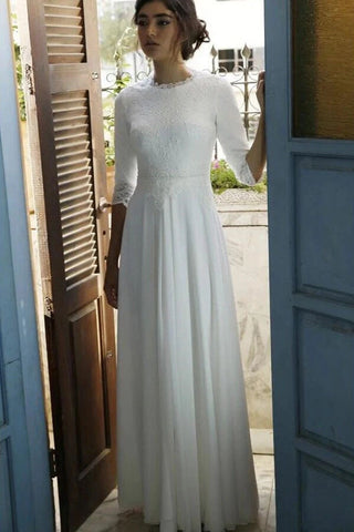 Schlichte bodenlange Chiffon-Brautkleider mit 3/4-Ärmeln und Spitzenoberteil