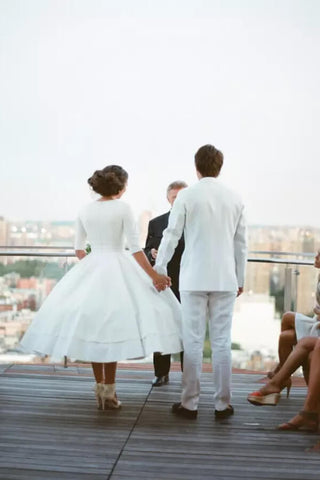 Modest A-line V-neck Half Sleeves Tea Length Taffeta Wedding Dresses