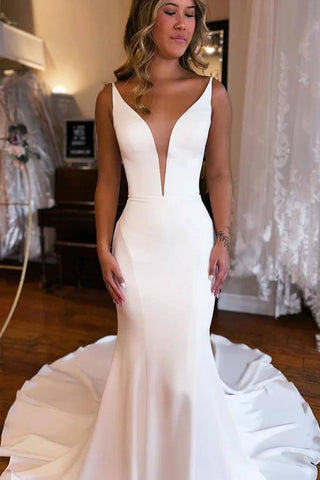 Modest Satin Mermaid Deep V-neck Wedding Dresses With Court Train