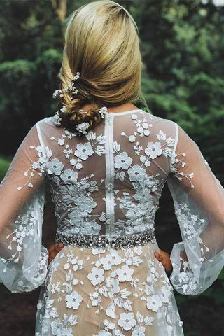 Modest Tulle A-line Long Sleeves Lace Appliques Wedding Dresses