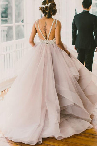 Modest Tulle A-line Scoop Sweep Train Wedding Dresses, Bridal Gowns