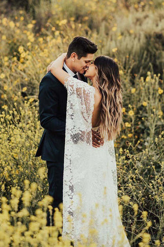 Sheath Boho Batwing Sleeve Lace Rustic Ivory Wedding Dresses