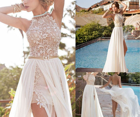 Gorgeous Lace Backless High Neckline Halter Wedding Dress Party Dresses
