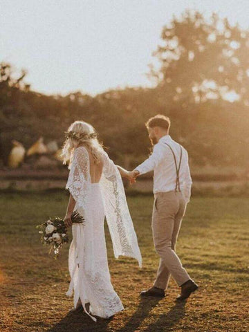 Batwing Sleeve Lace Rustic Wedding Dresses Ivory Sheath Boho Wedding Dresses