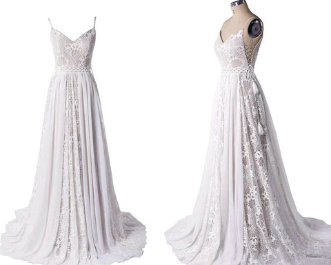 Bohemian A-line V-neck Lace Wedding Dresses, Beach Wedding Gowns