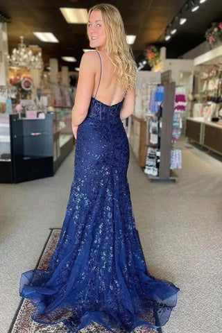 Mermaid Spaghetti Straps V-neck Lace Appliques Prom Dress,
