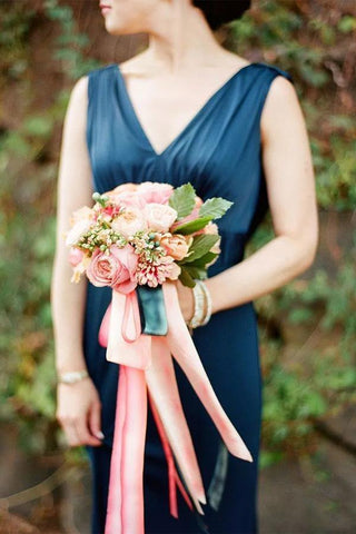 Satin A-line V-neck Backless Sweep Train Bridesmaid Dresses