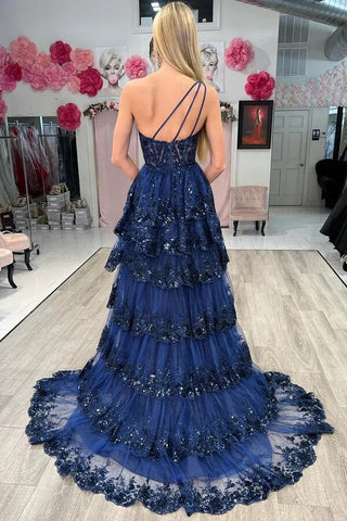Sequins One-Shoulder Prom Dresses With Slit, Evening Dress