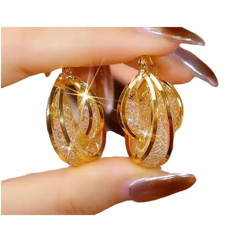 Hong Kong Style Luxury Gold Wire Mesh Earrings Noble Cross Buckle Earrings Noble Ring Earrings Noble Ring Earrings