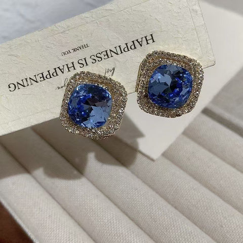 Blue super flash sugar cube stud earrings Korean temperament fashion exquisite versatile earrings Internet celebrity light luxury earrings