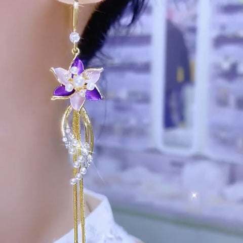 Fashion New Temperament Premium Versatile Explosive Earrings Tassel Purple Flower Long Earrings Earrings
