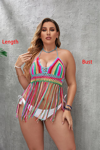 New plus size pure hand hook women's color tassel splicing strap hollow split beach top