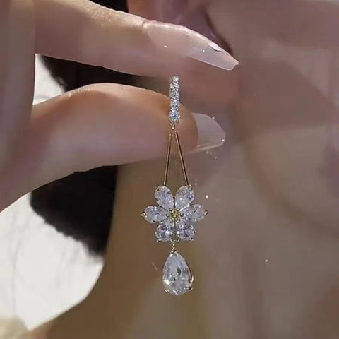 New trendy light luxury high-end zircon flower ear hook women's long big face thin temperament earrings earrings