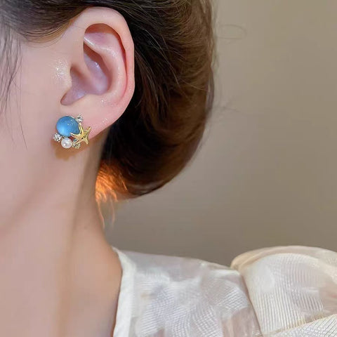 Exquisite vacation style blue stars ball stud earrings women's fresh and fashionable niche design earrings