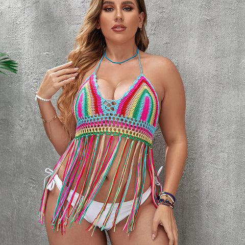 New plus size pure hand hook women's color tassel splicing strap hollow split beach top