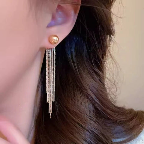New versatile two-wearing bead tassel temperament long earrings, earrings, simple and elegant smart design earrings