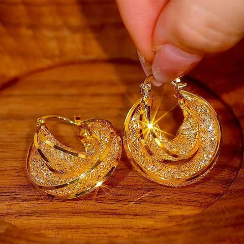 Hong Kong Style Luxury Gold Wire Mesh Earrings Noble Cross Buckle Earrings Noble Ring Earrings Noble Ring Earrings