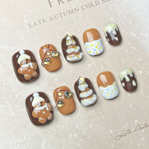 NewChristmas and New Year Gingerbread Man with Short NailsCarefully designed pure handmade press-on gel nails