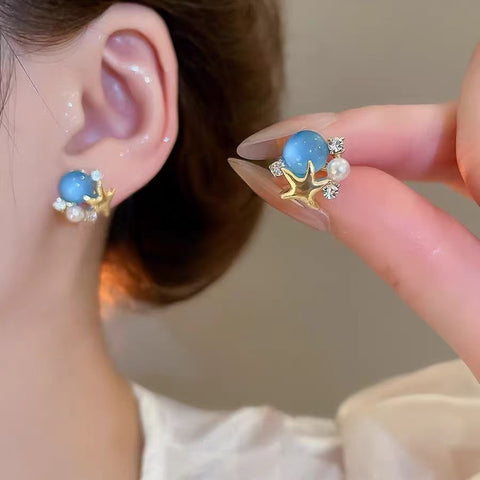 Exquisite vacation style blue stars ball stud earrings women's fresh and fashionable niche design earrings