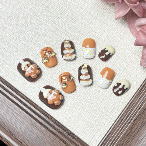 NewChristmas and New Year Gingerbread Man with Short NailsCarefully designed pure handmade press-on gel nails
