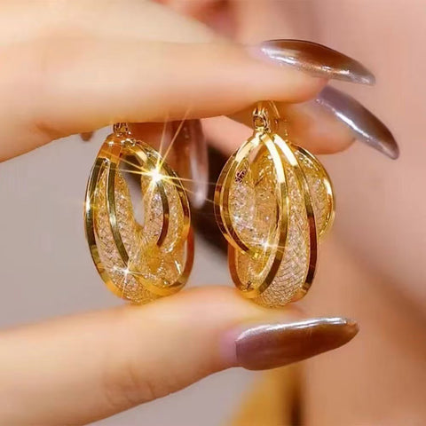 Hong Kong Style Luxury Gold Wire Mesh Earrings Noble Cross Buckle Earrings Noble Ring Earrings Noble Ring Earrings