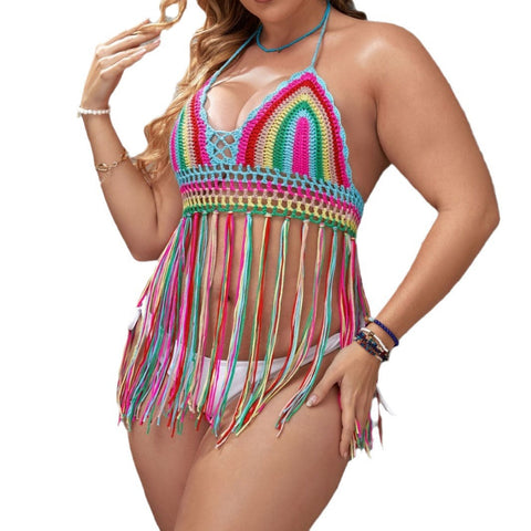 New plus size pure hand hook women's color tassel splicing strap hollow split beach top