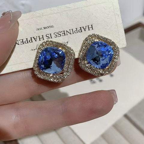 Blue super flash sugar cube stud earrings Korean temperament fashion exquisite versatile earrings Internet celebrity light luxury earrings