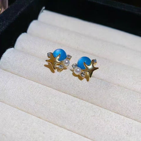 Exquisite vacation style blue stars ball stud earrings women's fresh and fashionable niche design earrings