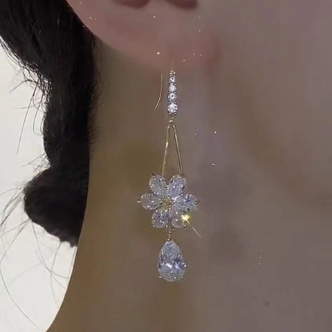 New trendy light luxury high-end zircon flower ear hook women's long big face thin temperament earrings earrings