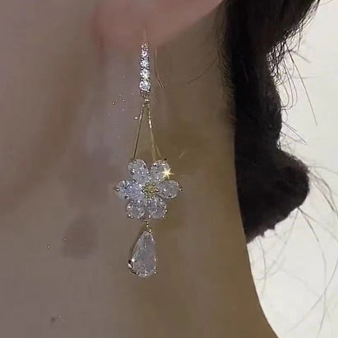 New trendy light luxury high-end zircon flower ear hook women's long big face thin temperament earrings earrings