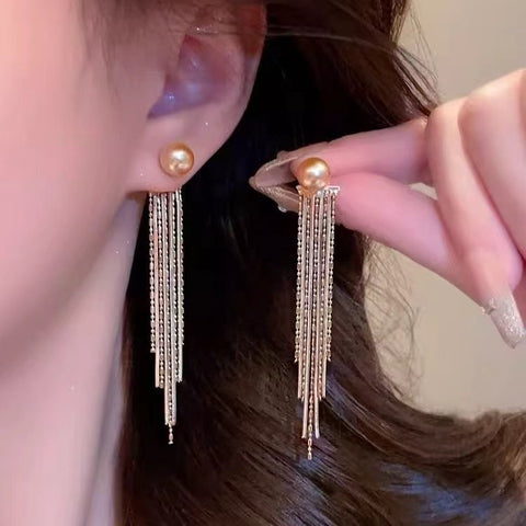 New versatile two-wearing bead tassel temperament long earrings, earrings, simple and elegant smart design earrings