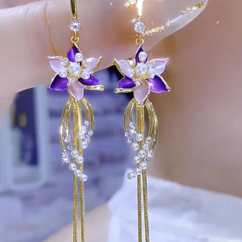 Fashion New Temperament Premium Versatile Explosive Earrings Tassel Purple Flower Long Earrings Earrings