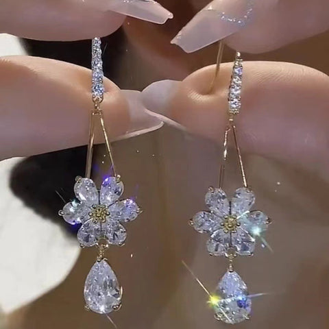 New trendy light luxury high-end zircon flower ear hook women's long big face thin temperament earrings earrings