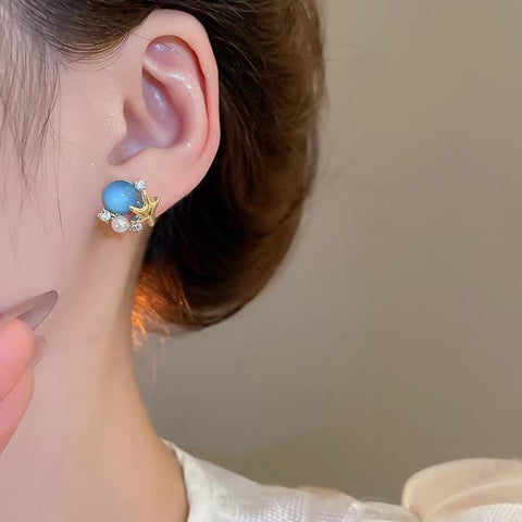 Exquisite vacation style blue stars ball stud earrings women's fresh and fashionable niche design earrings