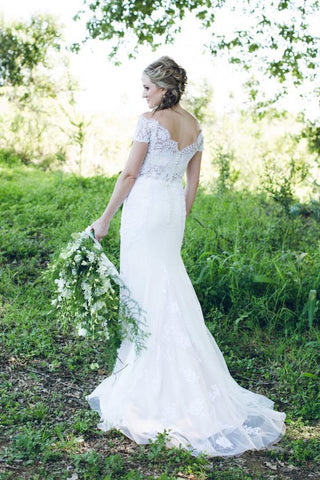 White Off Shoulder Open Back Trumpet Lace Up Appliques Wedding Dresses