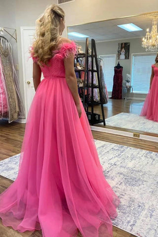 Schulterfreies Ballkleid aus pinkfarbenem Tüll mit 3D-Blumen PSK534